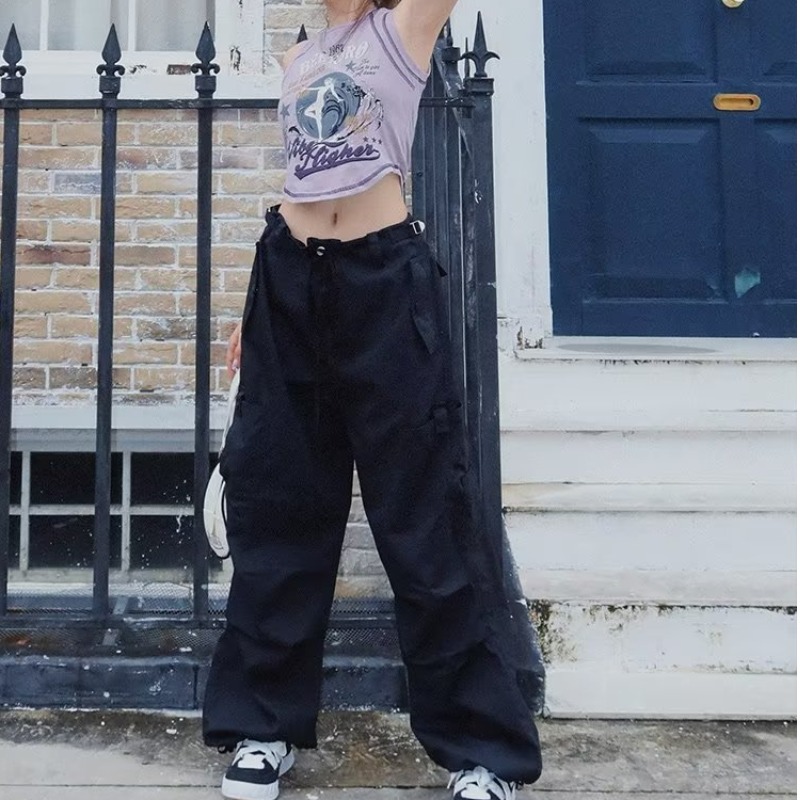 Vintage American Style Multi Pocket Cargo Pants for Women Loose Fit Drawstring Cuffs Casual Streetwear Wholesale
