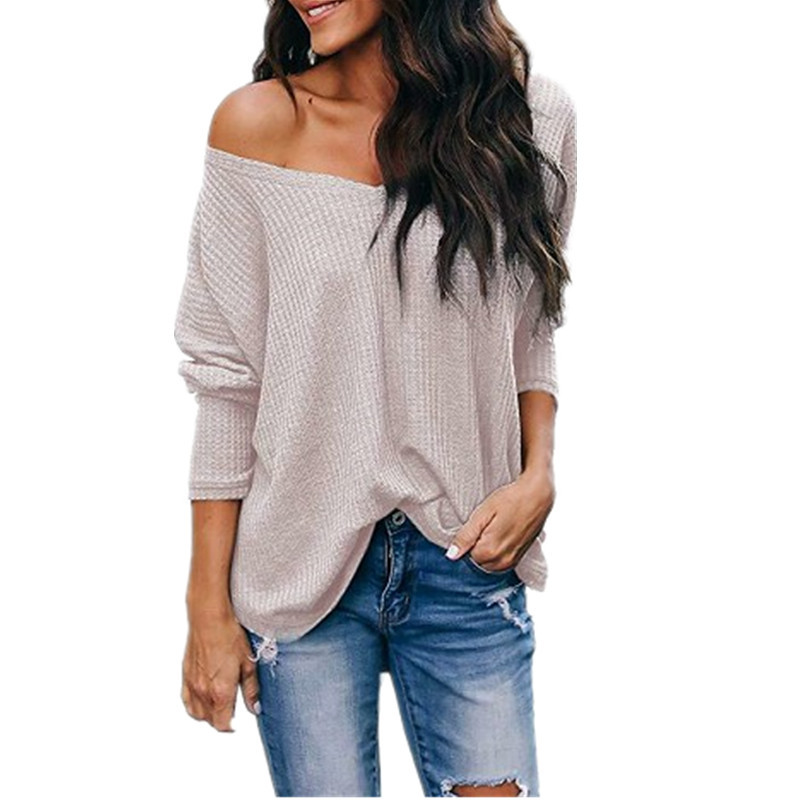 V Neck Off Shoulder Loose Long Sleeve T Shirt Autumn Style Comfortable Fabric Versatile Wear Wholesale Available