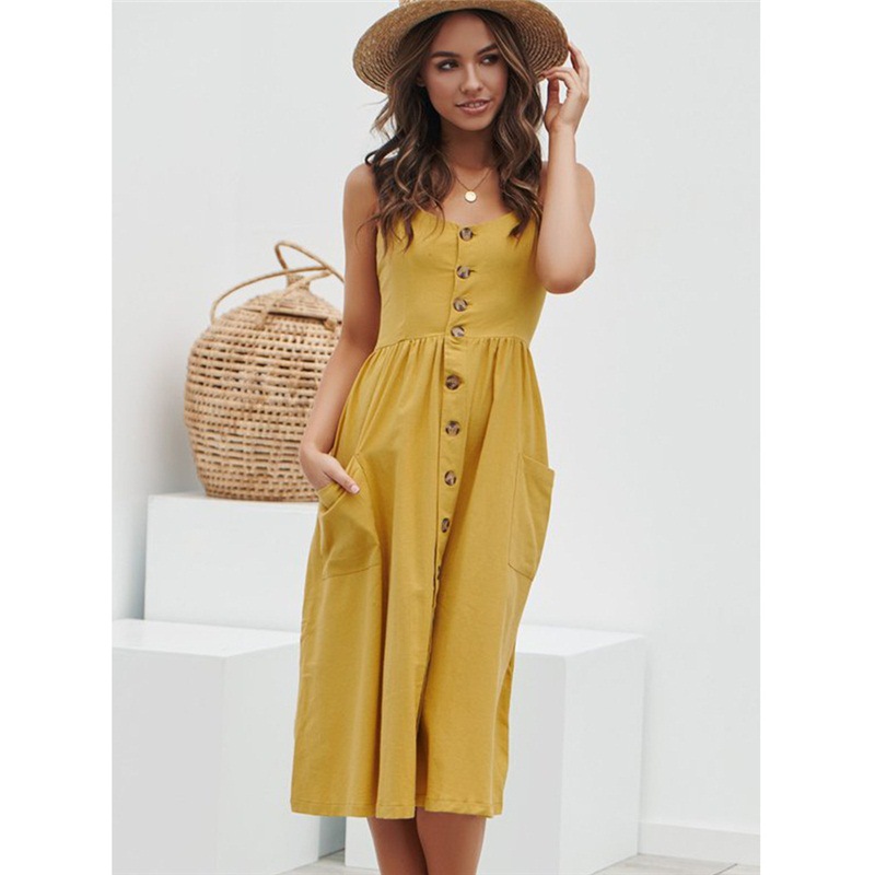 Sunflower Pineapple Print Button Back Sexy Slip Dress 36 Colors 6 Sizes Lightweight Fabric Summer Casual Wear
