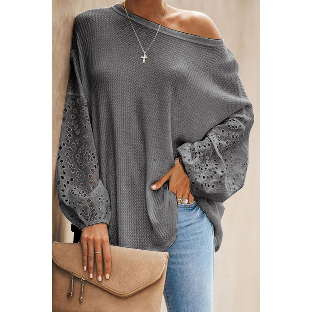 Womens Loose Fit Hollow Out Long Sleeve Top Solid Color Off Shoulder Asymmetrical Neckline Spring Summer Fashion