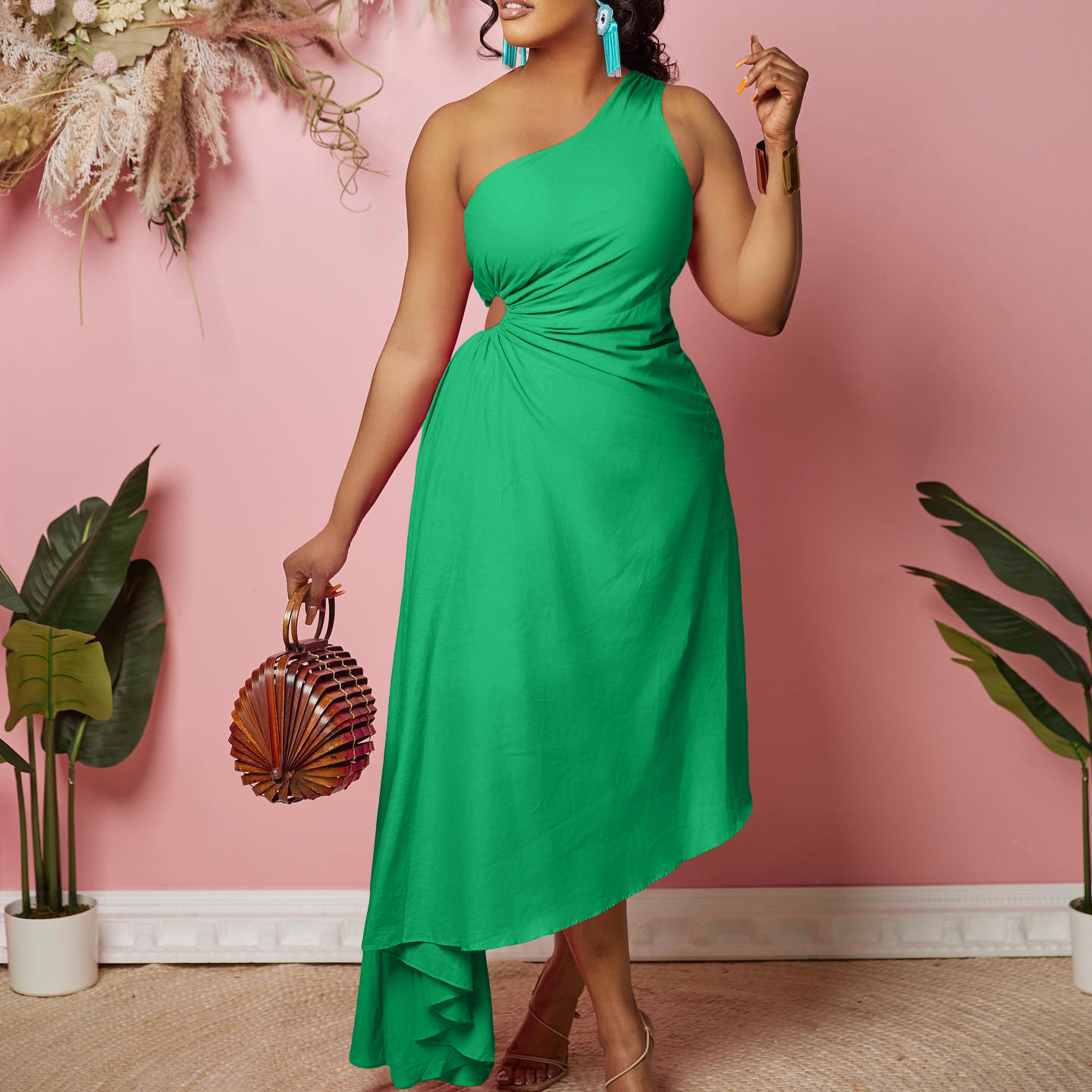 New Women's Plus Size Hollow Out Solid Color Irregular Hem One Shoulder Dress for Cross Border Fashion in Europe and America