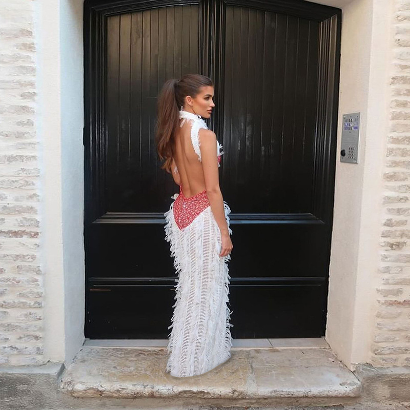 European and American Style Summer Women's New Fashion Personality Sleeveless Spliced Backless Fringed Sheer Long Dress