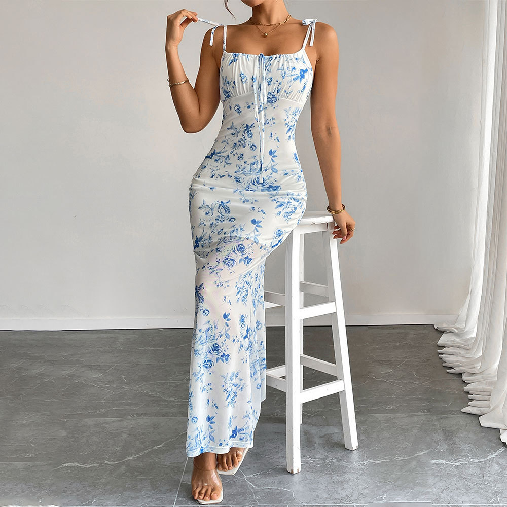 Fashionable Sleeveless Floral Print Dress High Waist Casual Long Dress for Summer