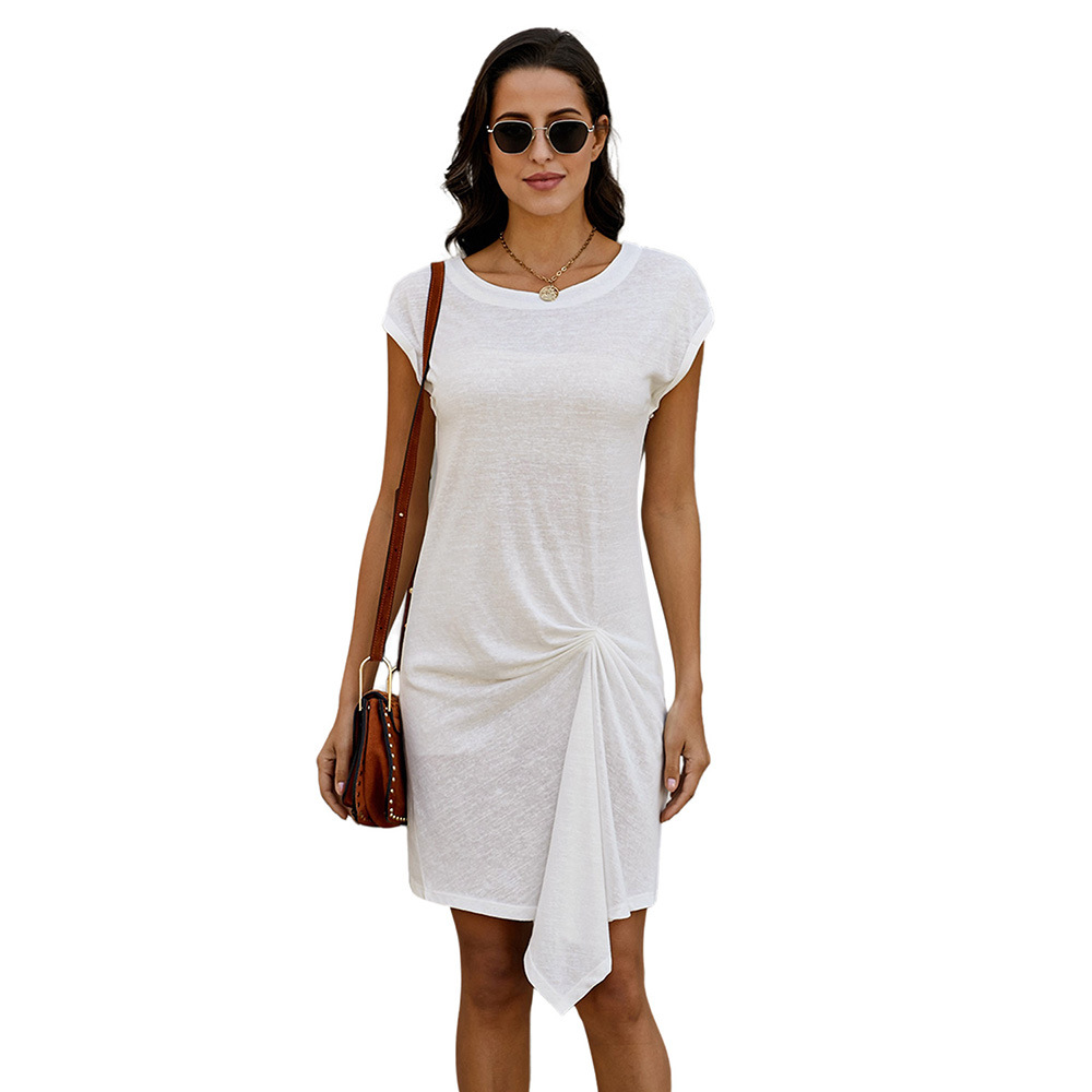 Knee Length Dress for Women Summer Collection Solid Color Round Neck Short Sleeve Asymmetrical Design Casual Wear