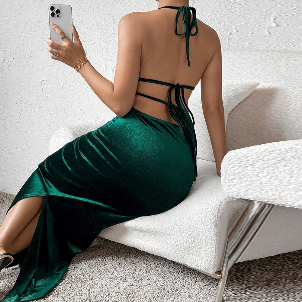 Cross border European and American Women's Clothing Autumn and Winter New Slim Fit Bodycon Halter Velvet Sexy Party Slip Dress
