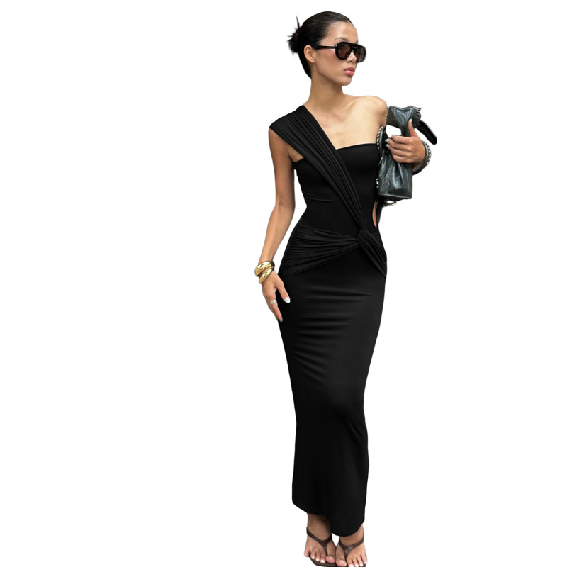 European and American Cross border Autumn and Winter New Women's Asymmetrical Design Spliced Sexy Hollow Strapless Slim Fit Bodycon Dress