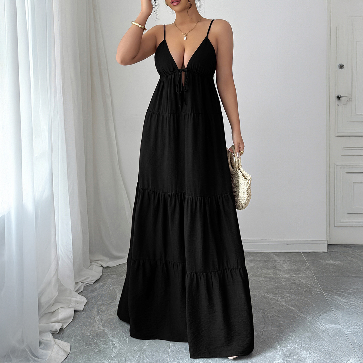 Elegant European and American Style Strapless Long Dress for Women Autumn and Winter