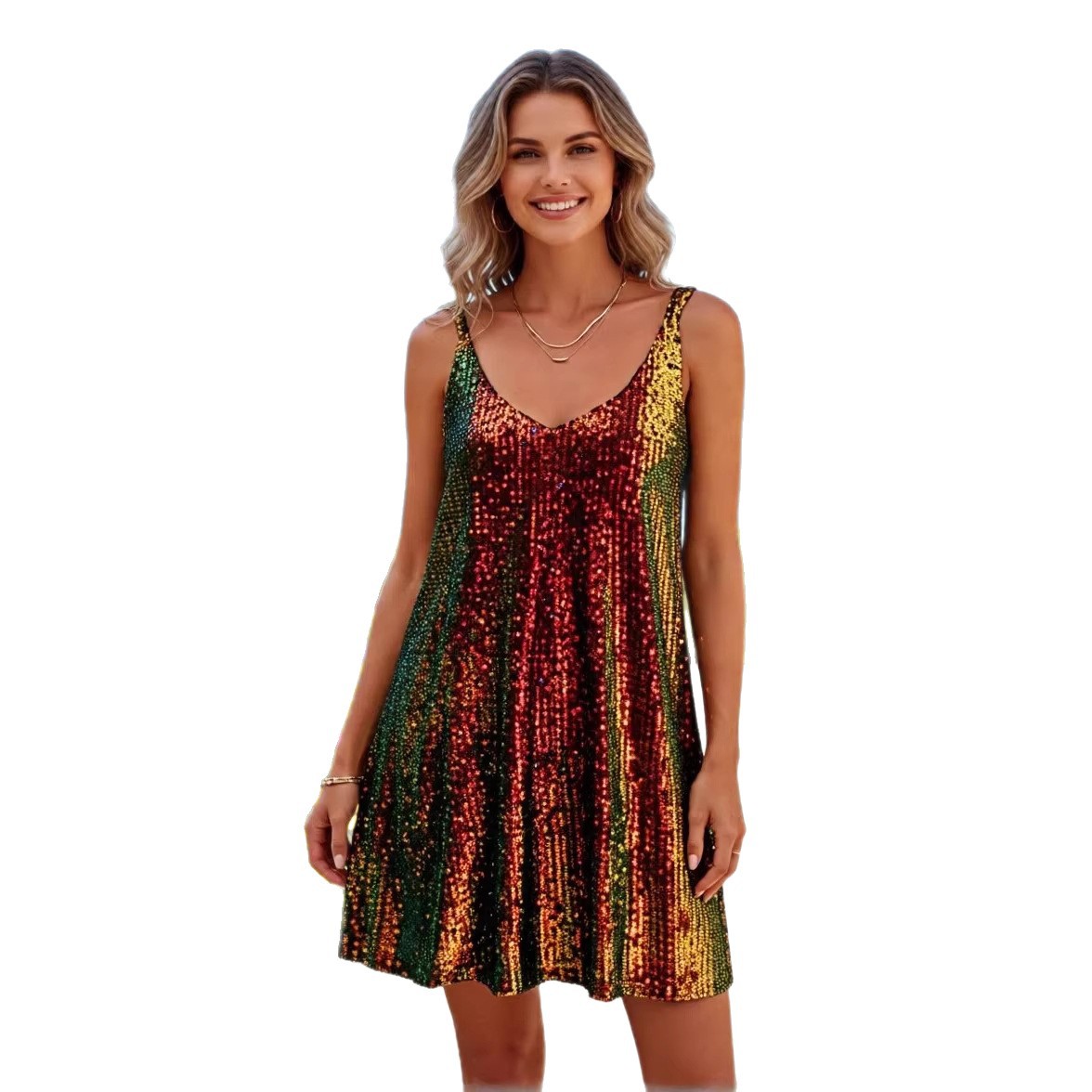 European and American Market Summer Trendy Sexy Backless French Spaghetti Strap Sequin Mini Dress — Elegant, Stylish, Party We