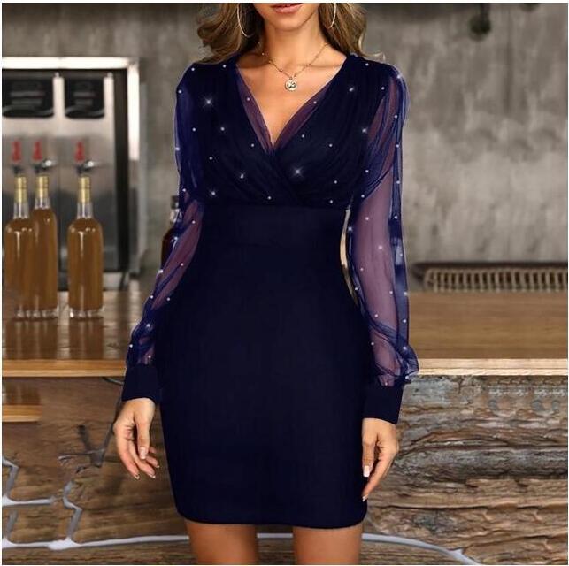 Mesh Panel Bodycon Dress with Shimmering Beads Elegant Evening Wear Perfect for Parties and Special Occasions Wholesale