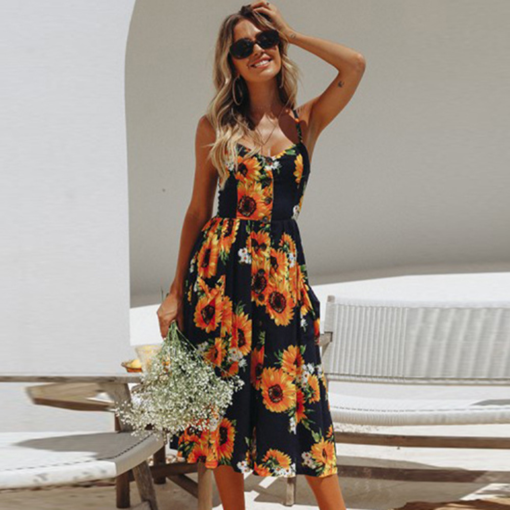 Bohemian Printed Midi Dress Summer Style Backless Design Adjustable Straps Perfect for Casual Outings Wholesale