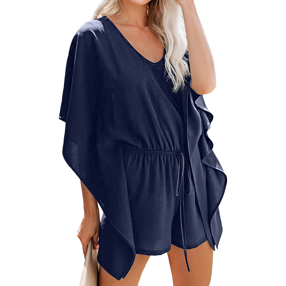 Solid Color Womens Jumpsuit V Neck Short Sleeve High Waist Loose Fit Casual Wear for Summer Wholesale Available