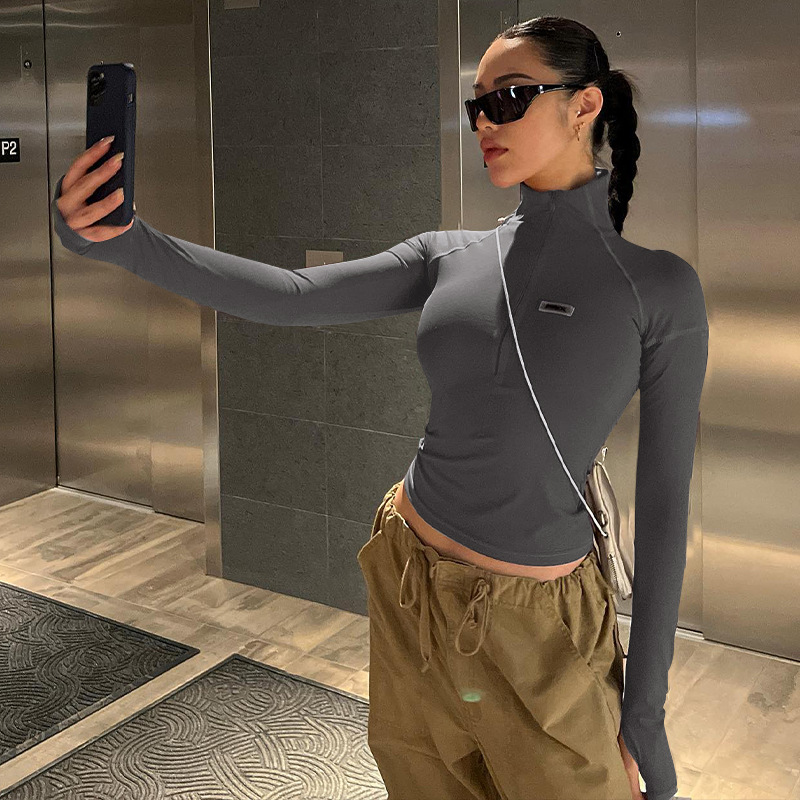 Slim Fit Half Turtleneck Long Sleeve Top Zipper Closure Lightweight Fabric Trendy Style Perfect for Casual Outings