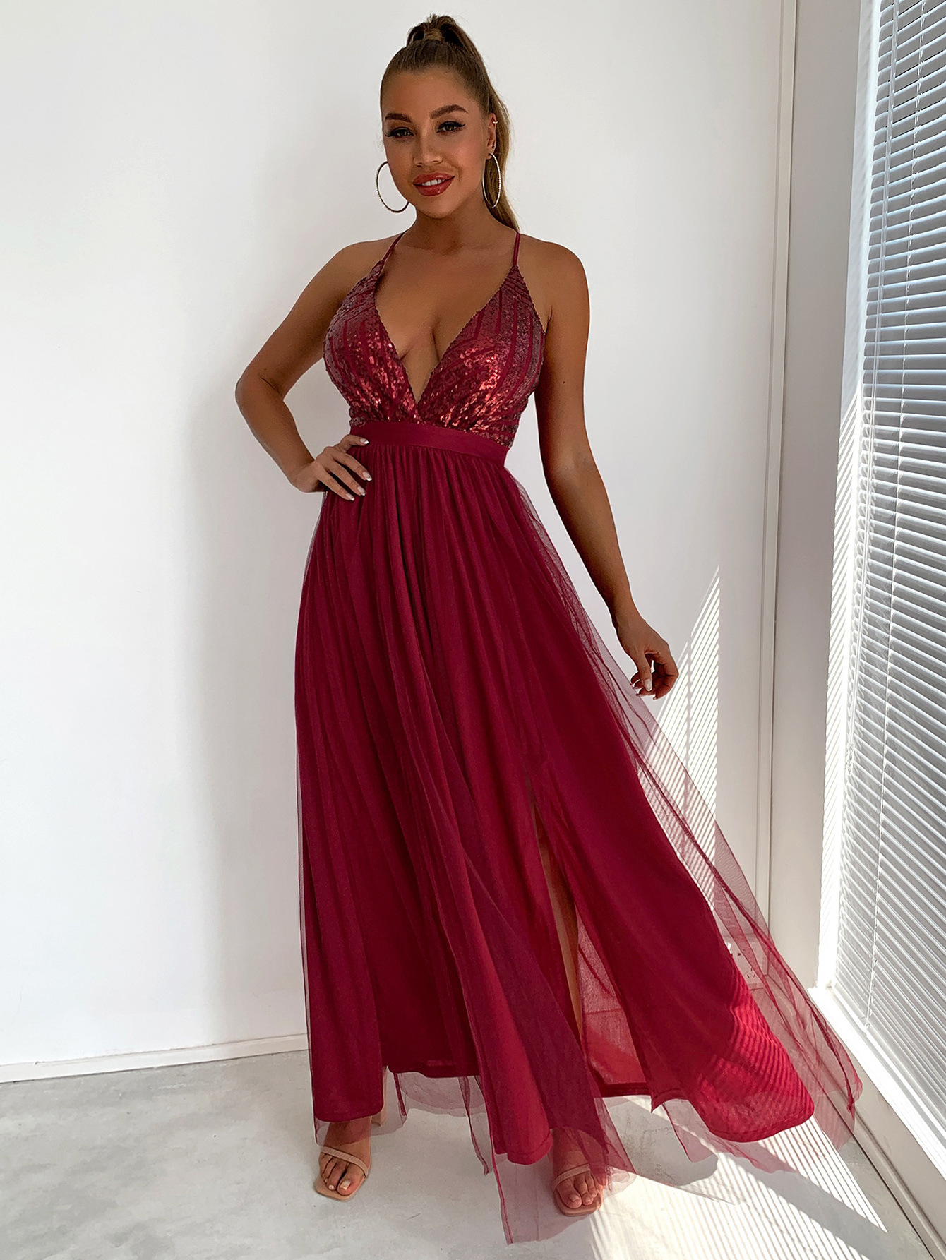 Summer Womens Dress Sexy Spaghetti Strap Mesh Sequin Patchwork High Slit Flared Hem Evening Gown Wholesale