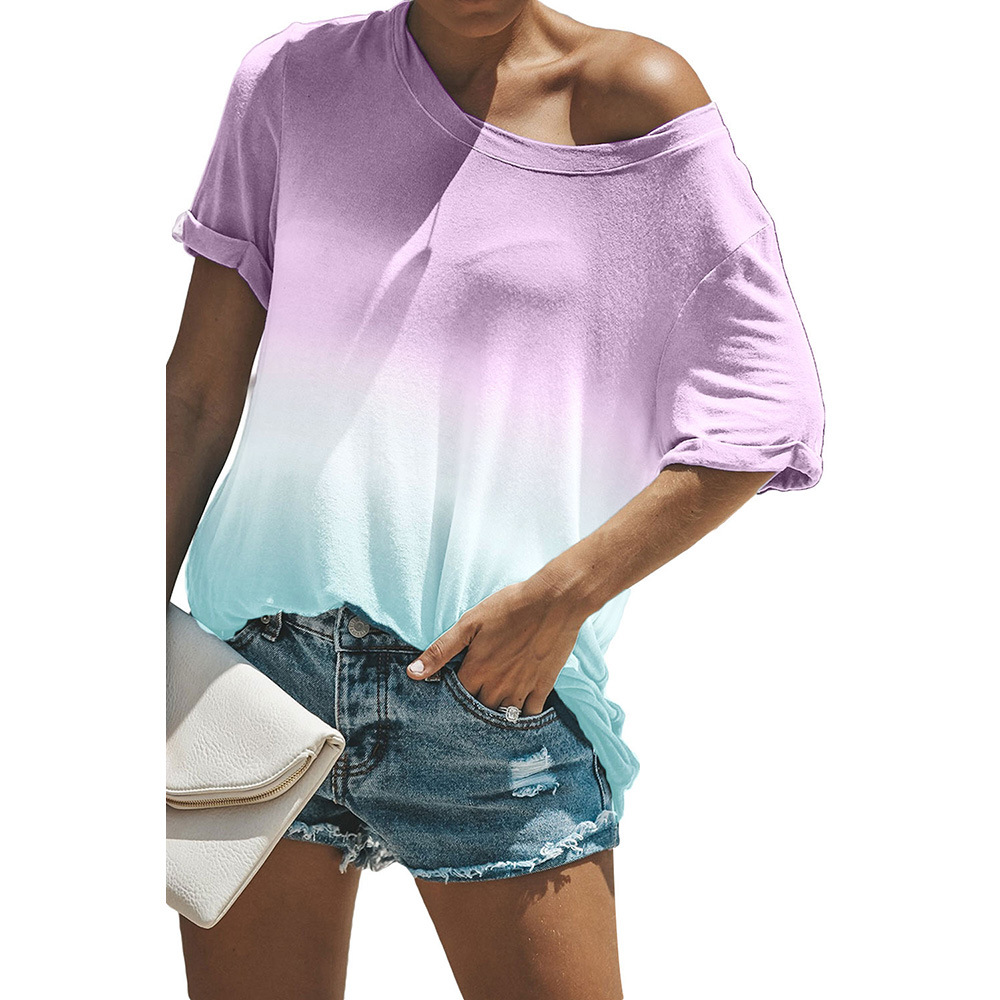 Gradient Color Womens T Shirt Short Sleeve Loose Fit Regular Style Casual Wear for Everyday Use Wholesale Available