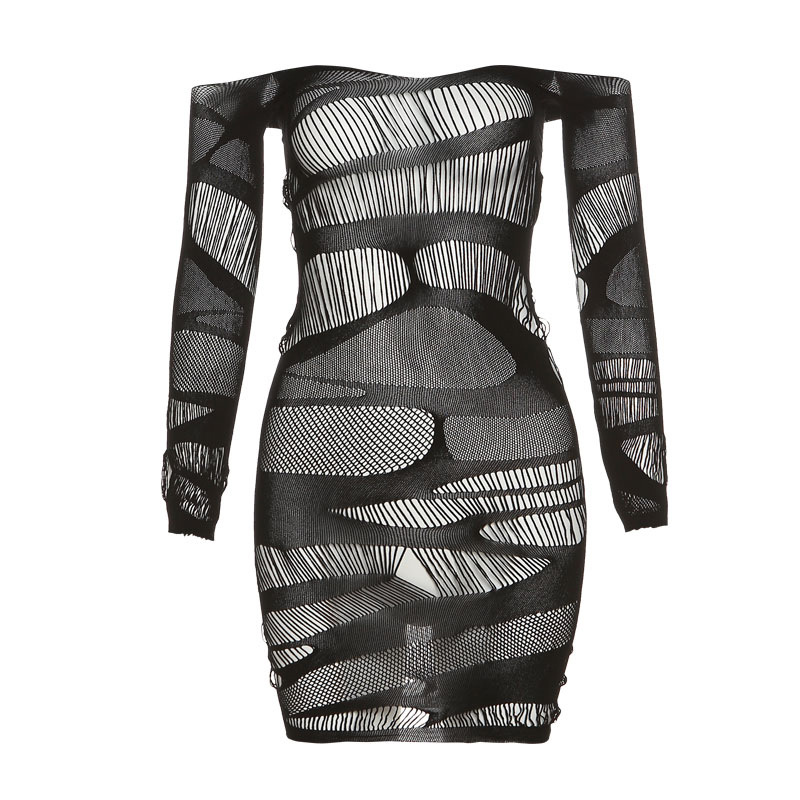 European and American Women's Fashion Spring and Summer Nightclub One Shoulder Long Sleeve Mesh Dress