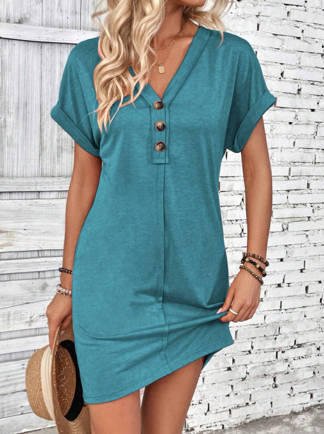 European and American Cross border Summer Women's Fashion Versatile Dress with Buckle, V neck, Ragnared Sleeves, Solid Color Dre
