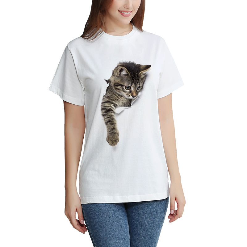 3D Printed Cat T Shirt Casual Summer Style Round Neck Short Sleeve Polyester Fabric Perfect for Couples Wholesale