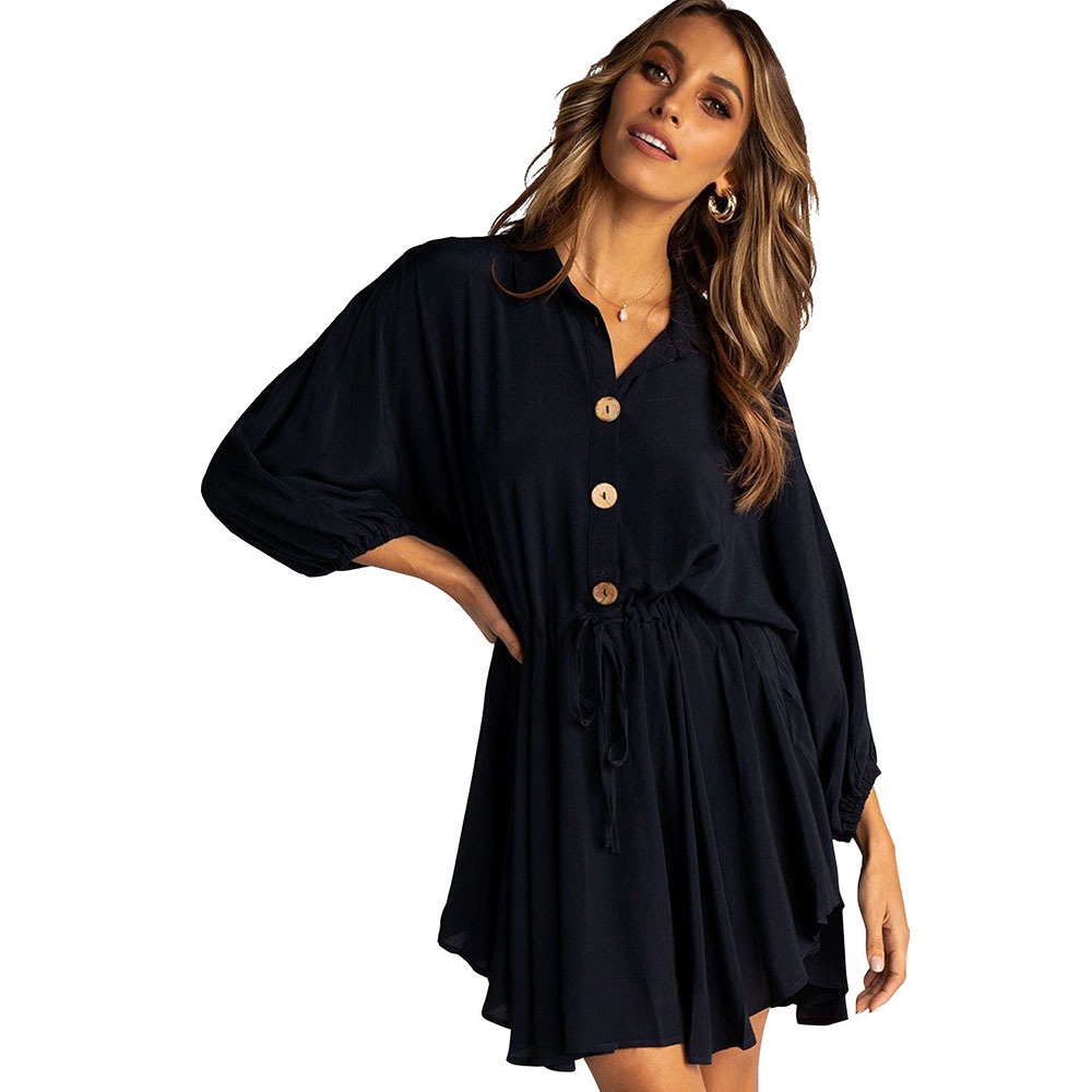 Womens Long Sleeve Shirt Dress Slim Fit Waist Defining Lantern Sleeves Autumn Fashion for Casual or Office Wear