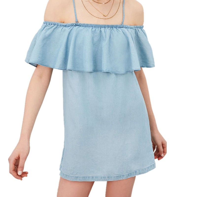 Off Shoulder Ruffle Denim Dress Bodycon Fit Sleeveless Sexy Style Perfect for Summer Parties Wholesale Available