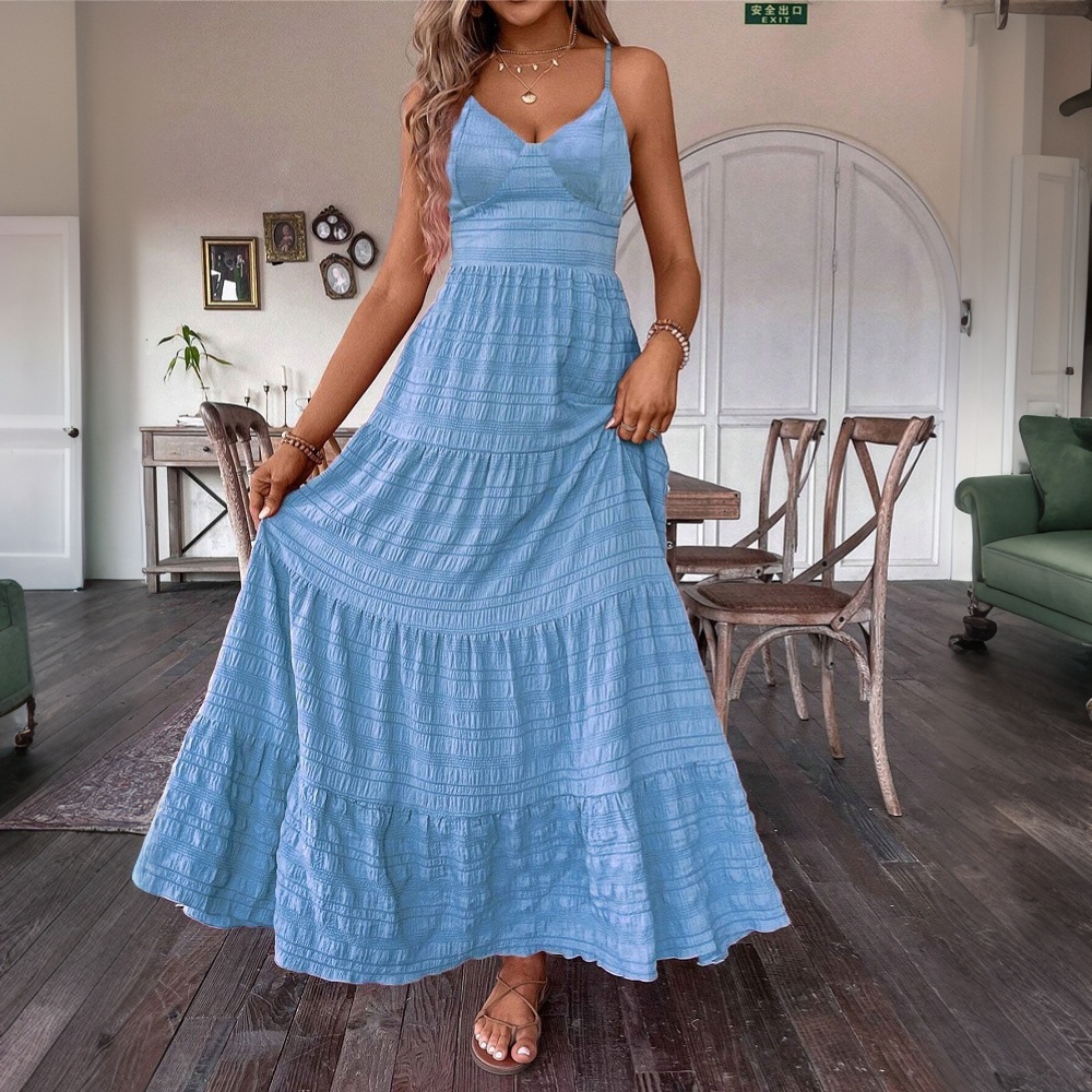 Elegant Solid Color Spaghetti Strap Long Dress for Women Summer