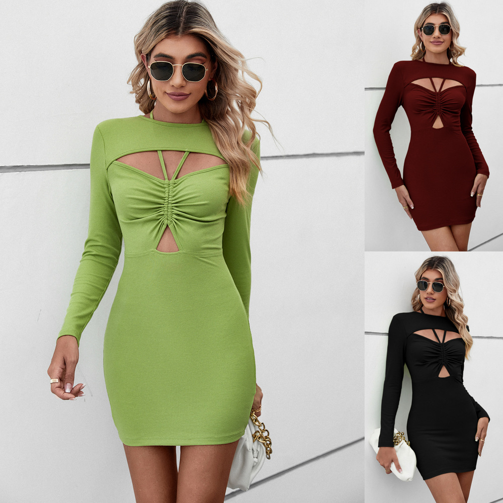 Spring Summer New Comfortable Casual Halter Neck Hollow Out Bodycon Short Long Sleeve Dress