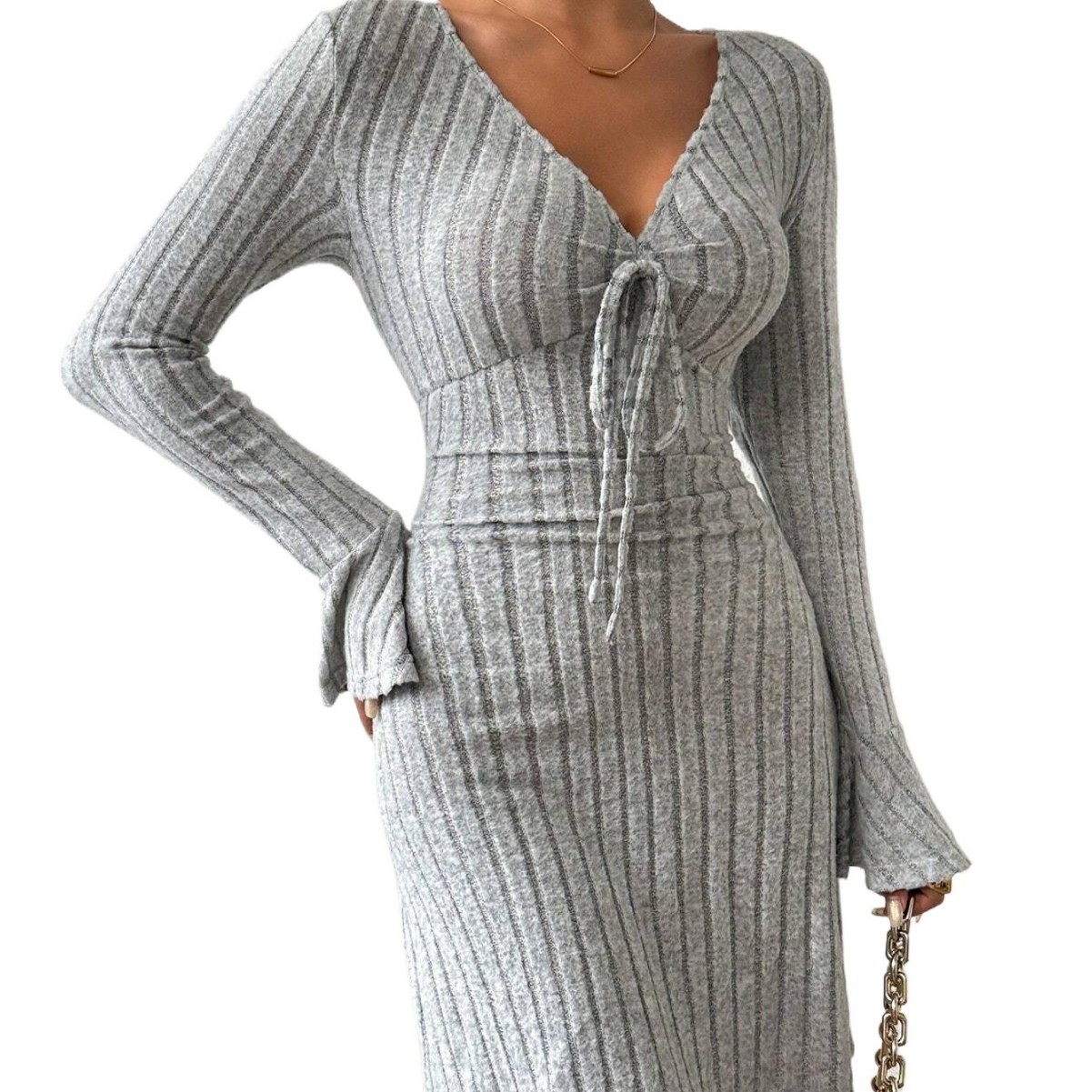 Elegant Gray Flared Sleeve Dress Slim Fit Minimalist Design Autumn Winter Style Wholesale Available