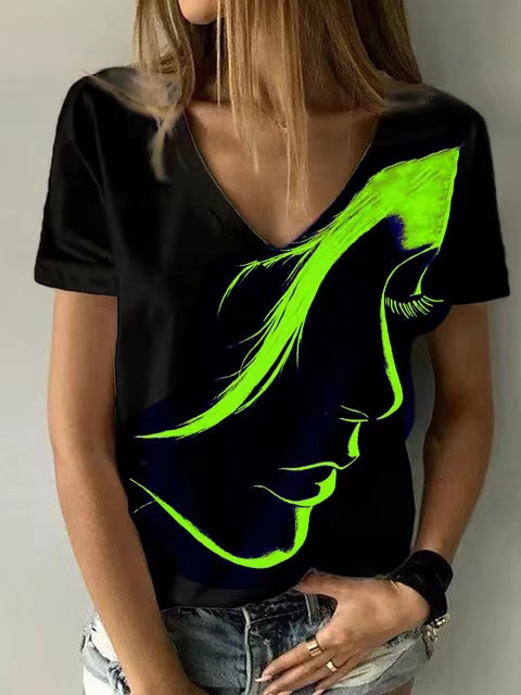 V Neck Printed Short Sleeve T Shirt for Women Casual Style Lightweight Fabric Trendy Design Wholesale Available
