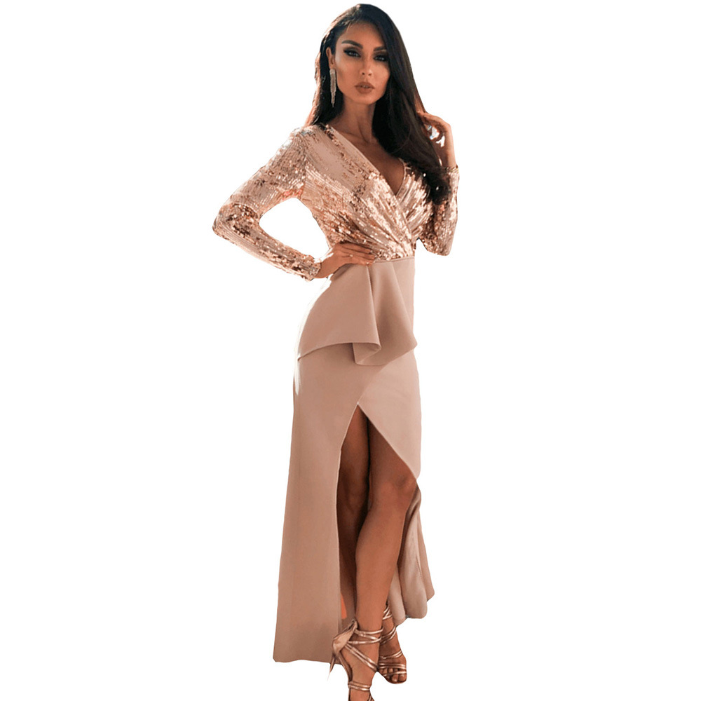 V Neck Long Sleeve Sequin Evening Dress Elegant Split Design Perfect for Parties and Gatherings Wholesale Available
