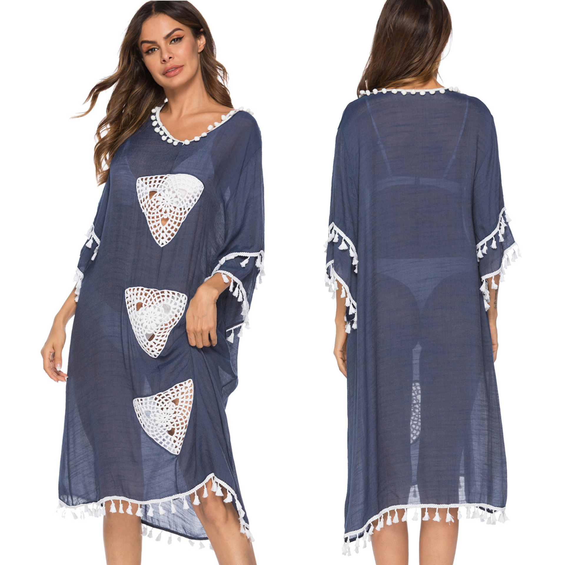 Womens Crochet Floral Patchwork Tassel Irregular Midi Beach Cover Up Dress Lightweight Bohemian Style Summer Wear
