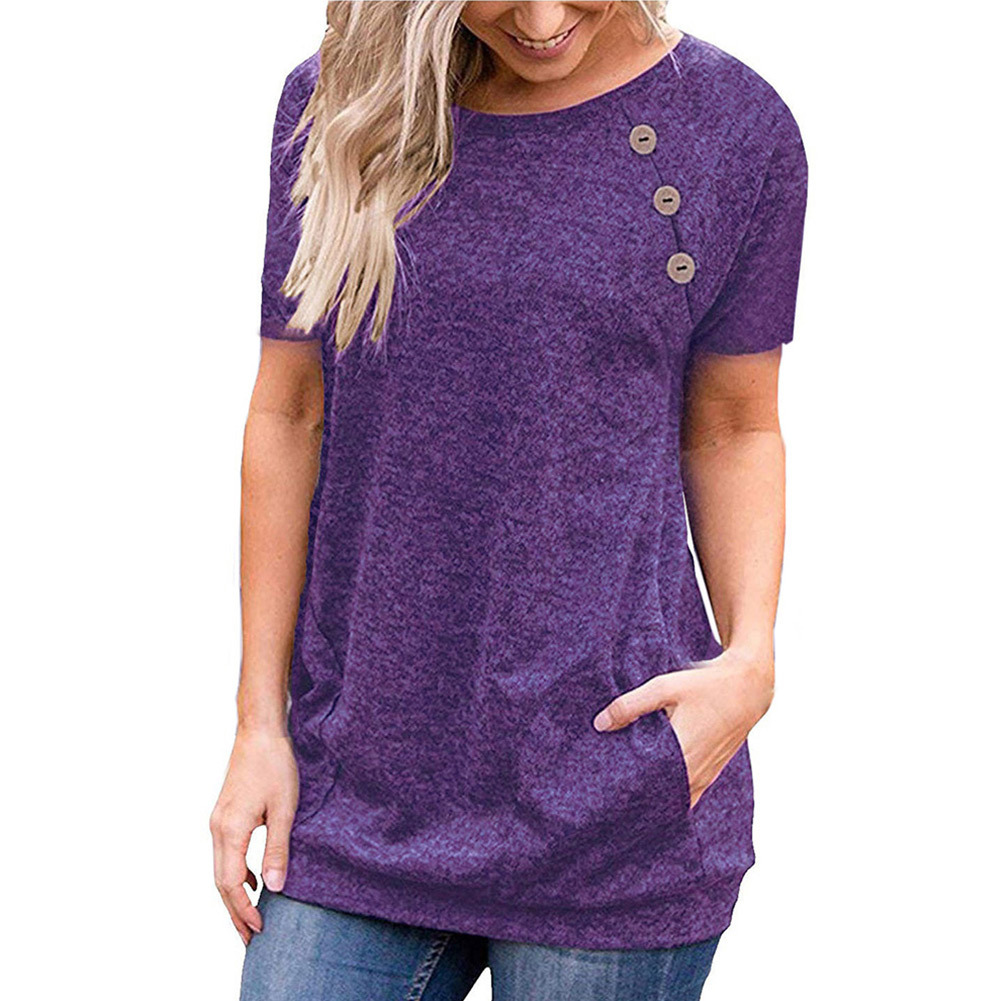 Womens Summer T Shirt Casual Round Neck Pocket Button Detail Short Sleeve Perfect for Everyday Wear Wholesale