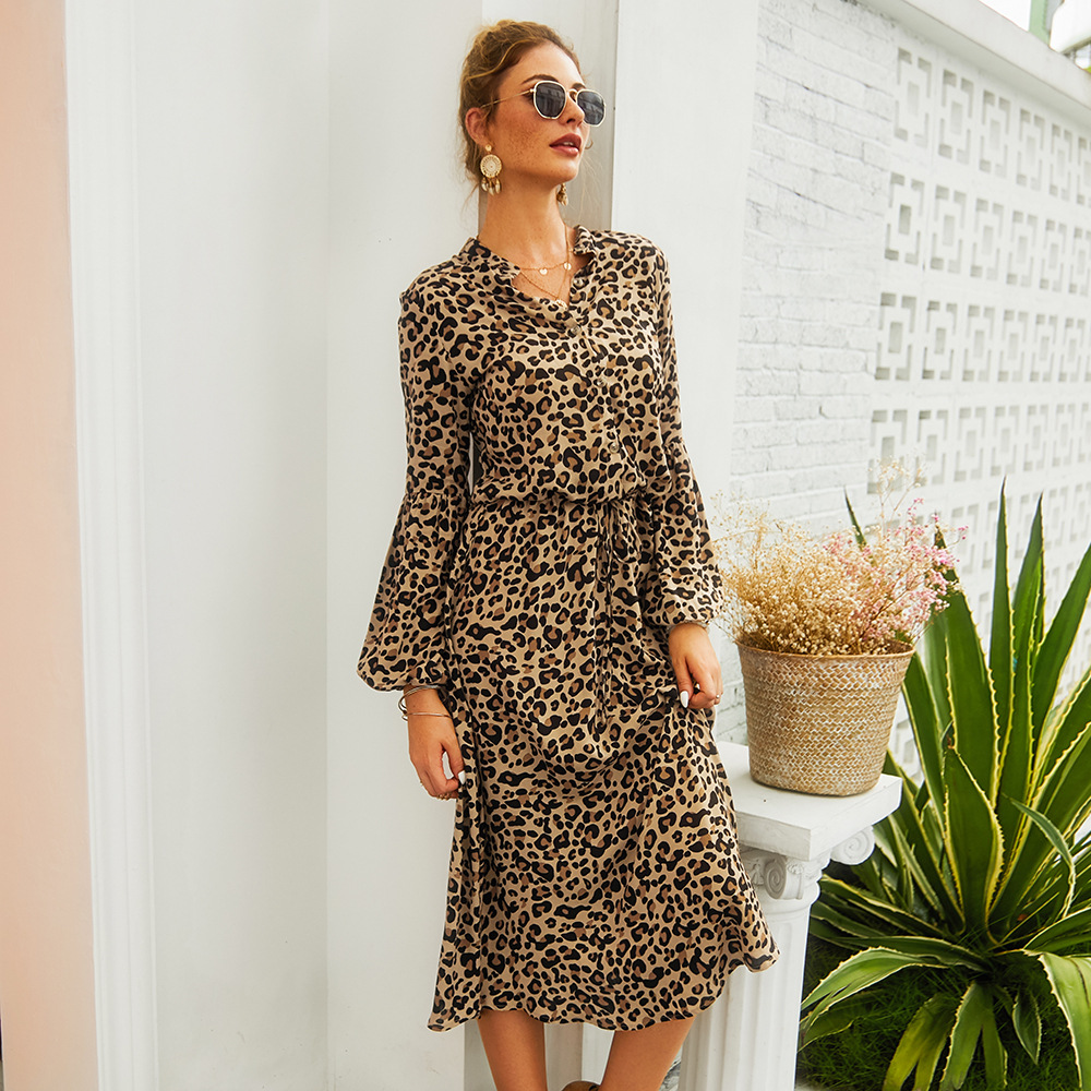 Leopard Print Long Sleeve Midi Dress Spring Summer Collection Casual Wear for Women Ready to Ship