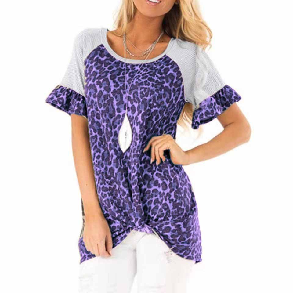 Womens Leopard Print Short Sleeve T Shirt Round Neck Flared Sleeves Casual Style Perfect for Spring Summer