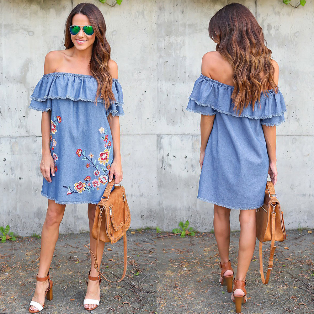 Embroidered Denim Dress Loose Fit Off Shoulder Ruffle Sleeve Spring Fashion Casual Wear Wholesale Available
