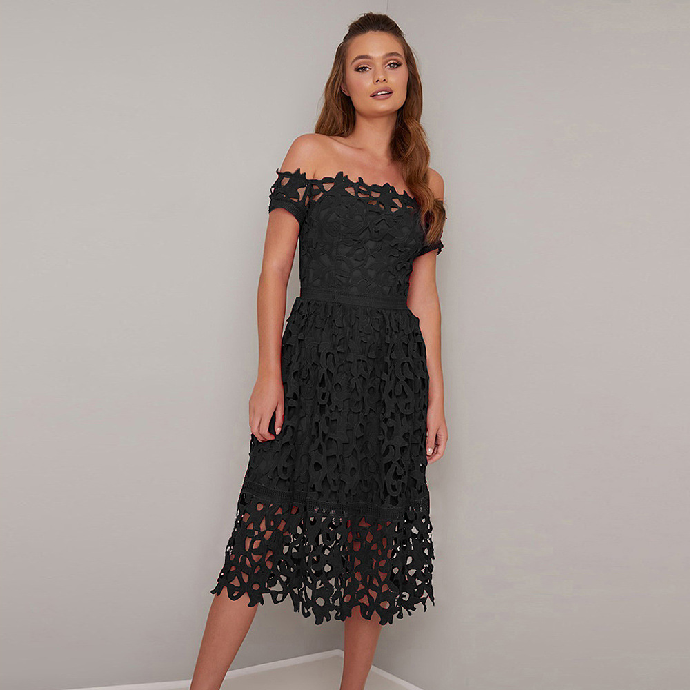 Summer Mini Dress Lace Off Shoulder Short Sleeve High Waist Mid Length Cocktail Party or Evening Wear Wholesale
