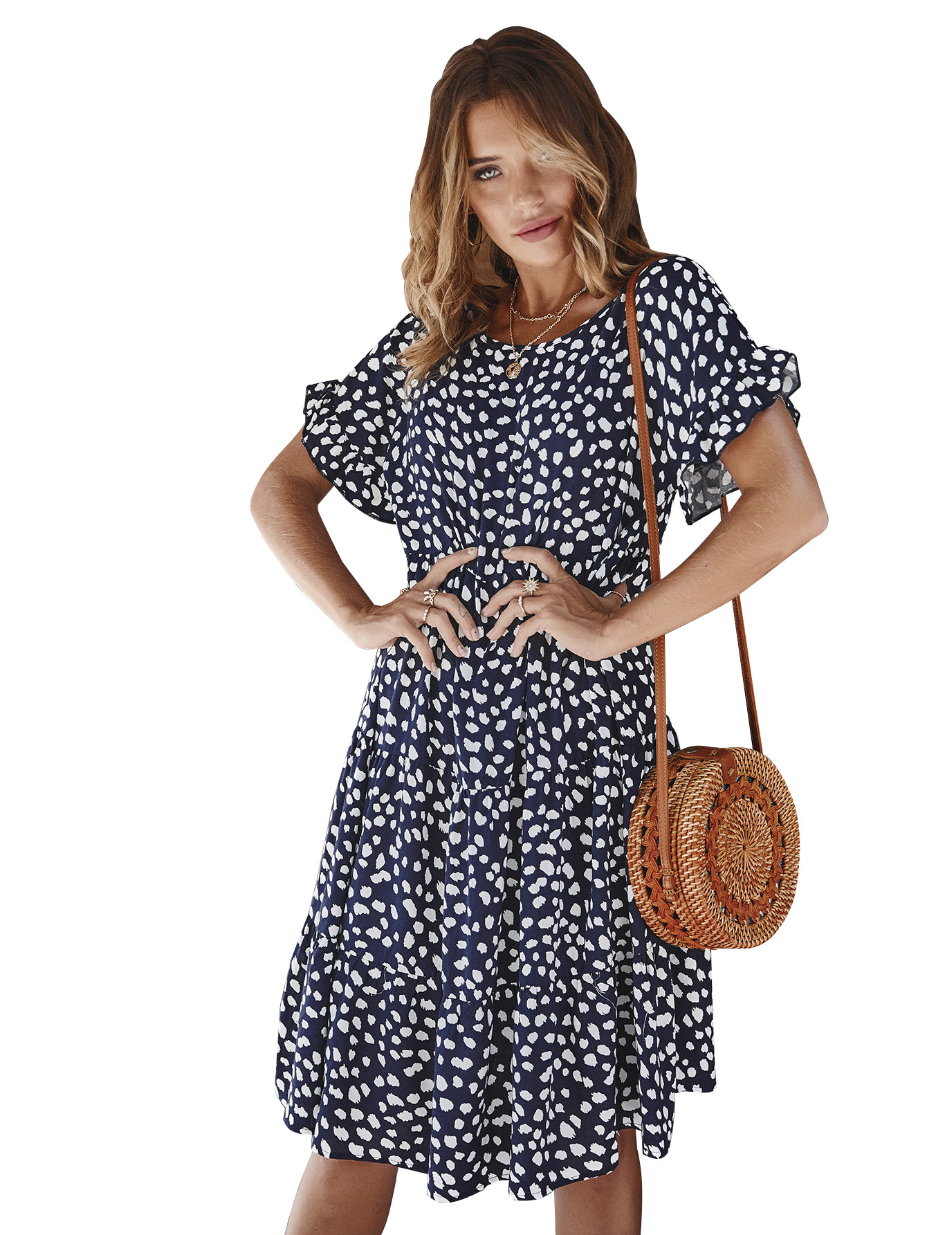 Designer Spring Dress Ruffle Sleeve Polka Dot Elegant Fit Perfect for Casual Outings Wholesale Available