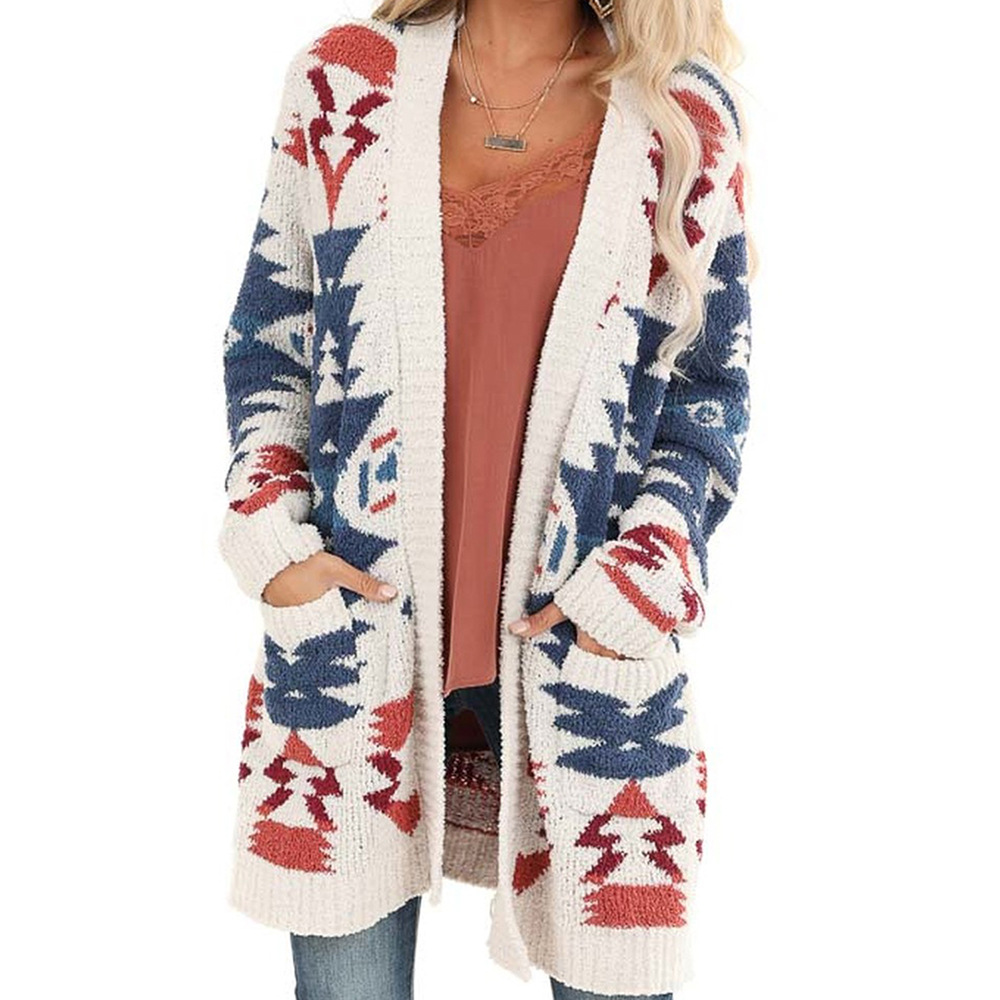 Womens Long Cardigan Sweater Winter Geometric Pattern Loose Fit Knit Fabric Wholesale Supply Available