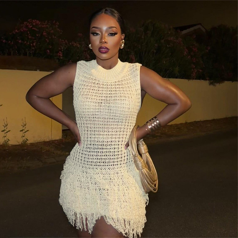 European and American Style Summer New Women's Fashion Sexy Sleeveless Fringed Hollow Slim Elegant Spliced Dress