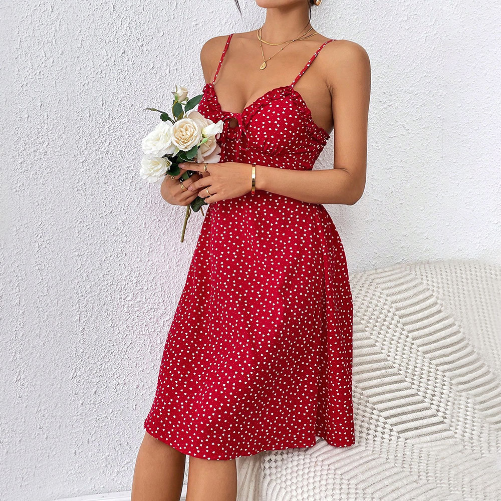 French Style Sexy Polka Dot Slim Fit Backless Spaghetti Strap Short Dress for Women