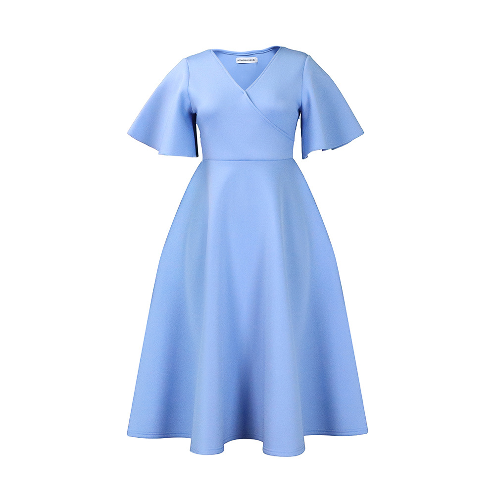 New Women's Dress with Flared Sleeves and V neck, Elegant Style, Big Skirt, European and American Style