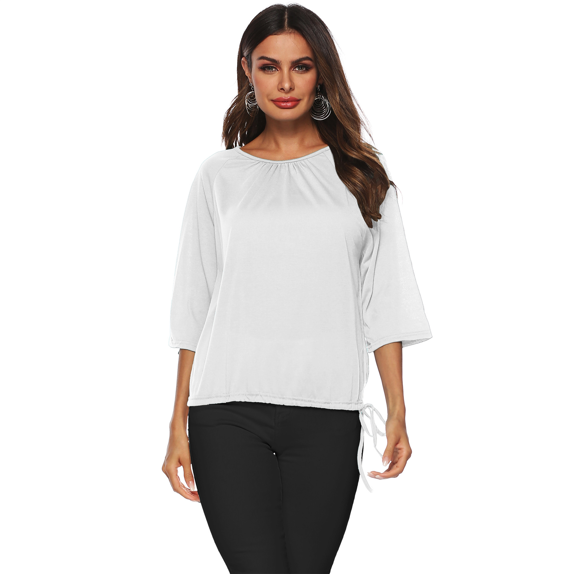Womens Loose Fit Solid Color Round Neck T Shirt Three Quarter Sleeve Casual Wear Wholesale Available