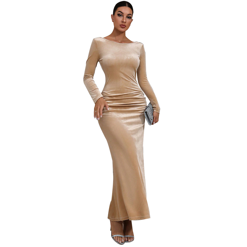 European and American Style Round Neck Champagne Color Party Back Tie Slim Fit Hip Long Solid Color Dress