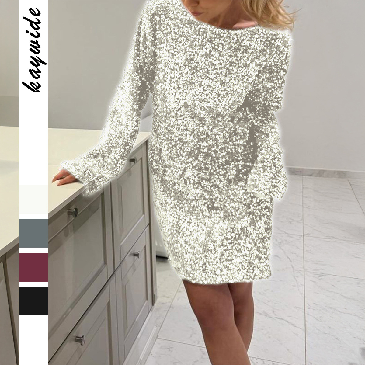 Elegant Sequin Long Sleeve Short Dress for Women Autumn Winter