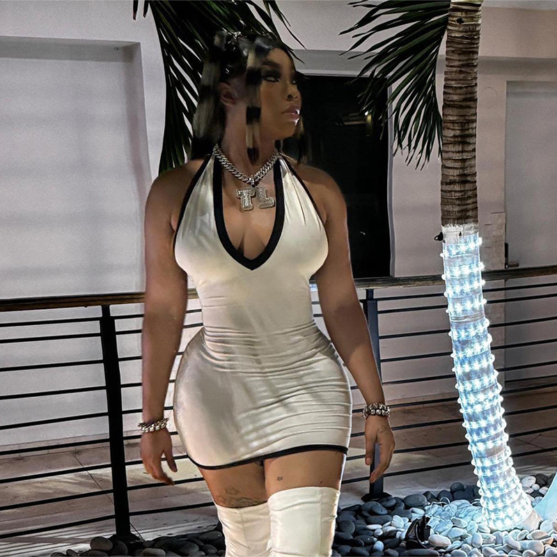 European and American Summer Women's Fashion Sexy Halter Backless Slim Fit Bodycon Short Skirt Dress