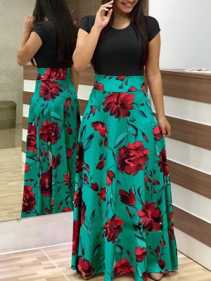 Floral Print Color Block Long Sleeve Maxi Dress Elegant Design Comfortable Fabric Perfect for Spring Summer Wholesale