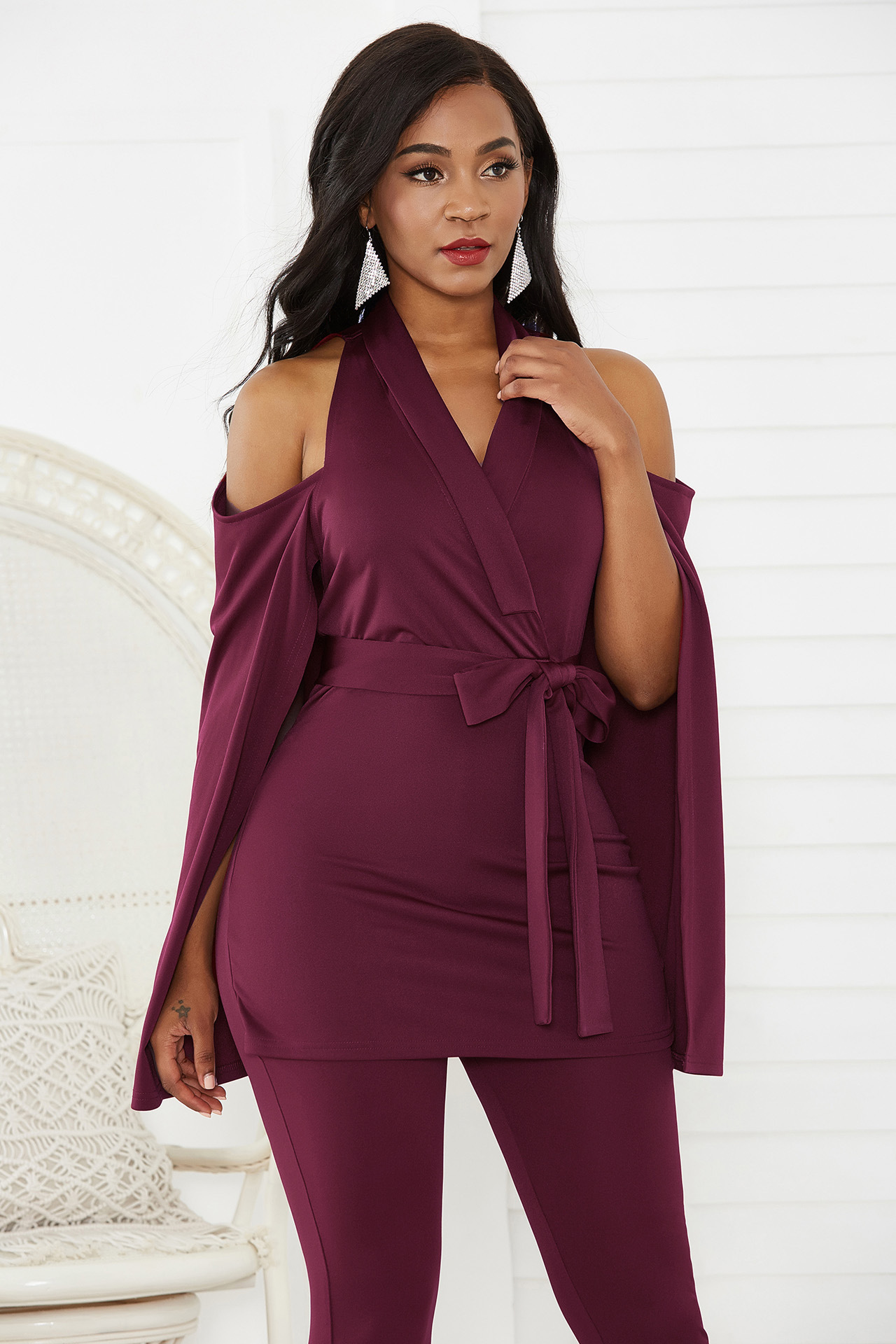 V Neck Jumpsuit Slim Fit Off Shoulder Cape Style Fashionable Elegant for Parties Wholesale Available
