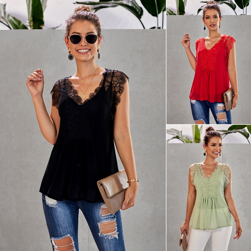 V Neck Lace Trim Pleated Top Regular Fit Elegant Design Versatile Style Wholesale Available OEM ODM service
