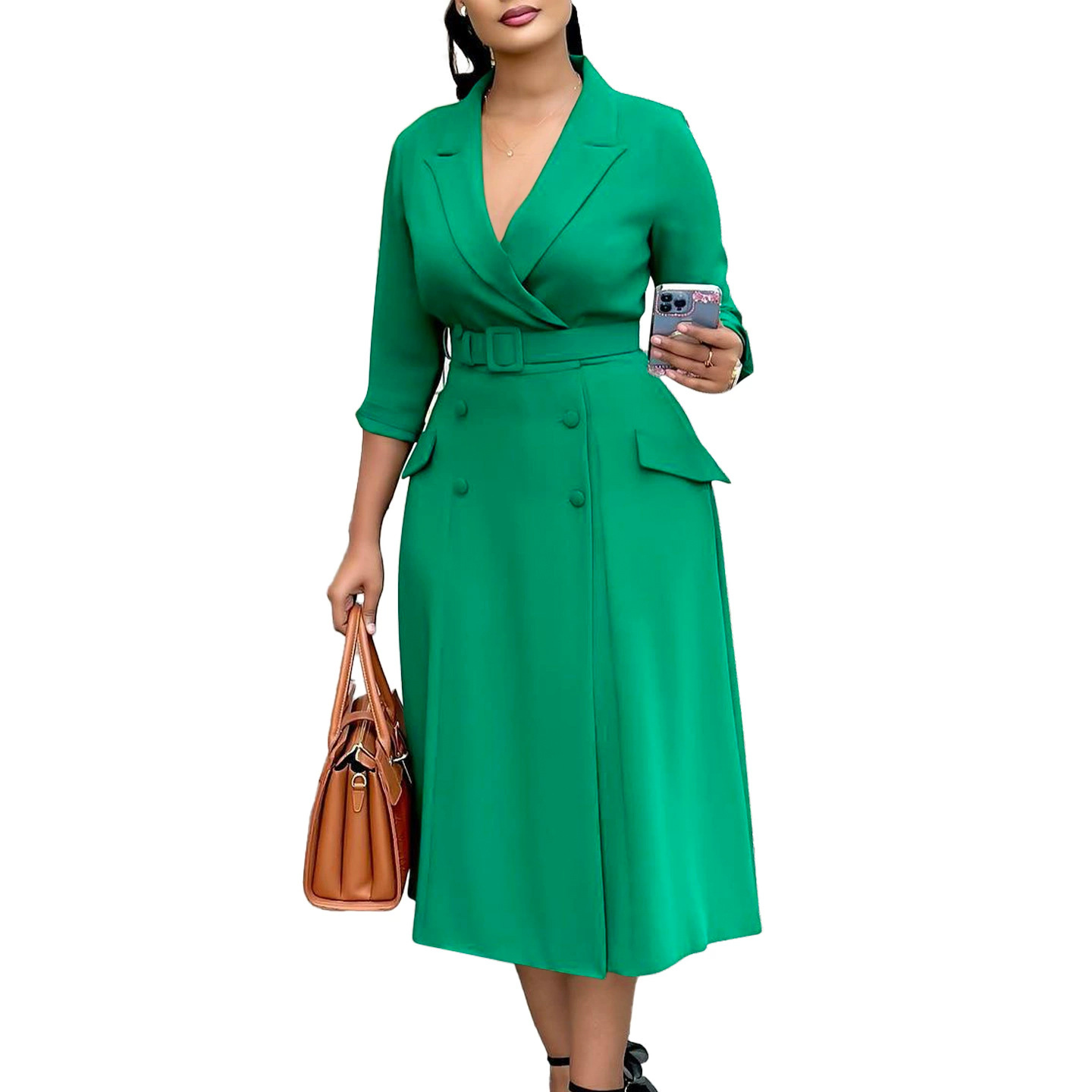 Fashionable Women's Double Breasted Blazer Collar Solid Color Midi Dress for Cross Border Trade, Elegant and Stylish Design