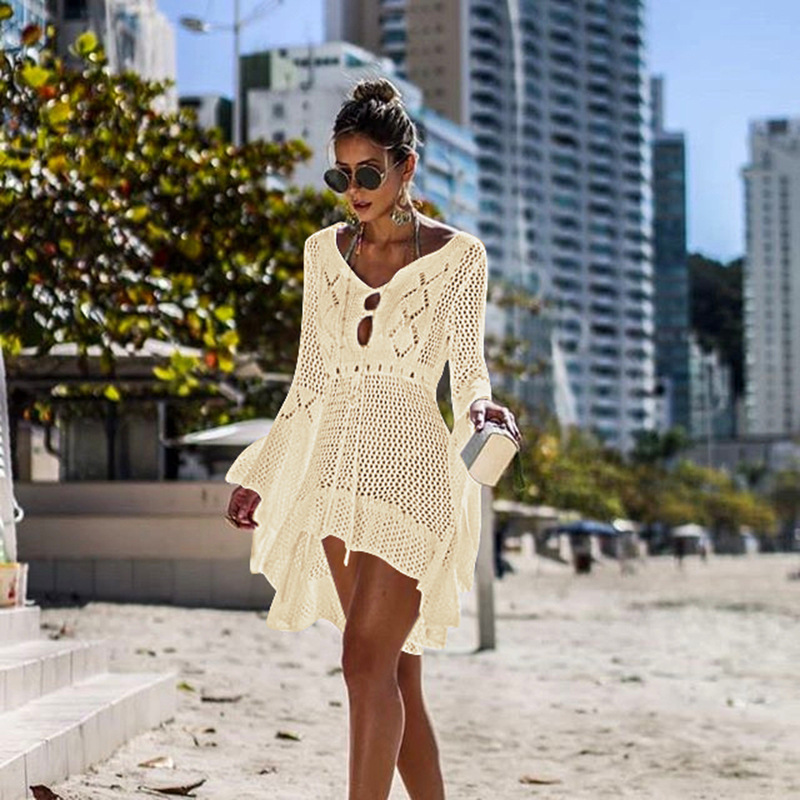 Irregular Deep V Sexy Hollow Out Knitted Beach Cover Up Dress Bell Sleeves Lightweight Fabric Summer Style Wholesale
