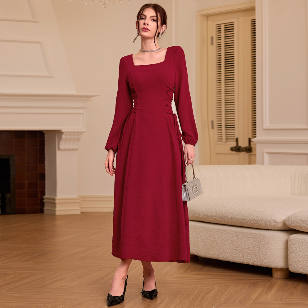 French Square Neck Burgundy Long Sleeve Dress Vintage Style Slim Fit Autumn Winter Wholesale Available