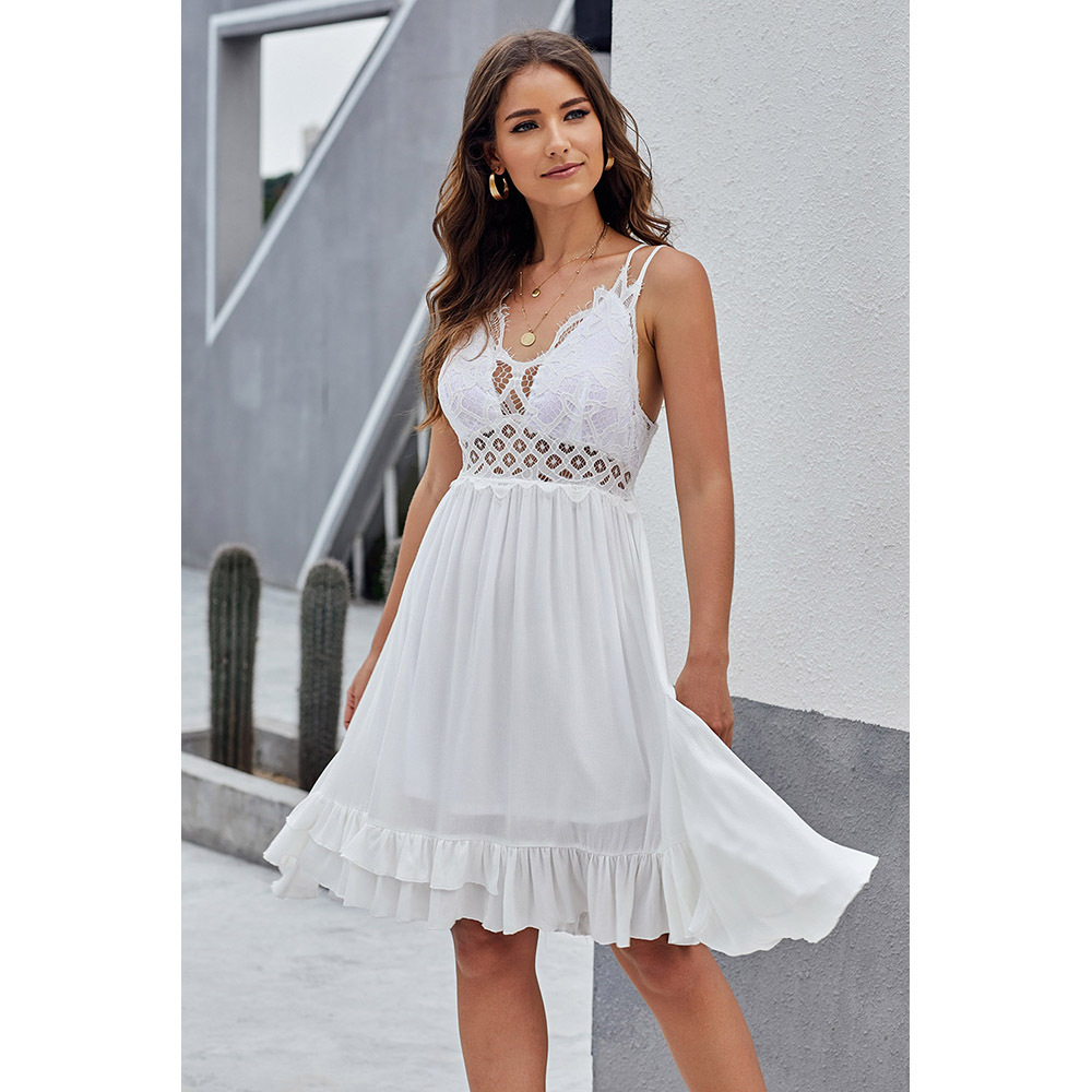 Double Layered Spaghetti Strap Dress V Neck Lace Hollow Out Ruffled Hem A Line Silhouette Elegant Evening Wear
